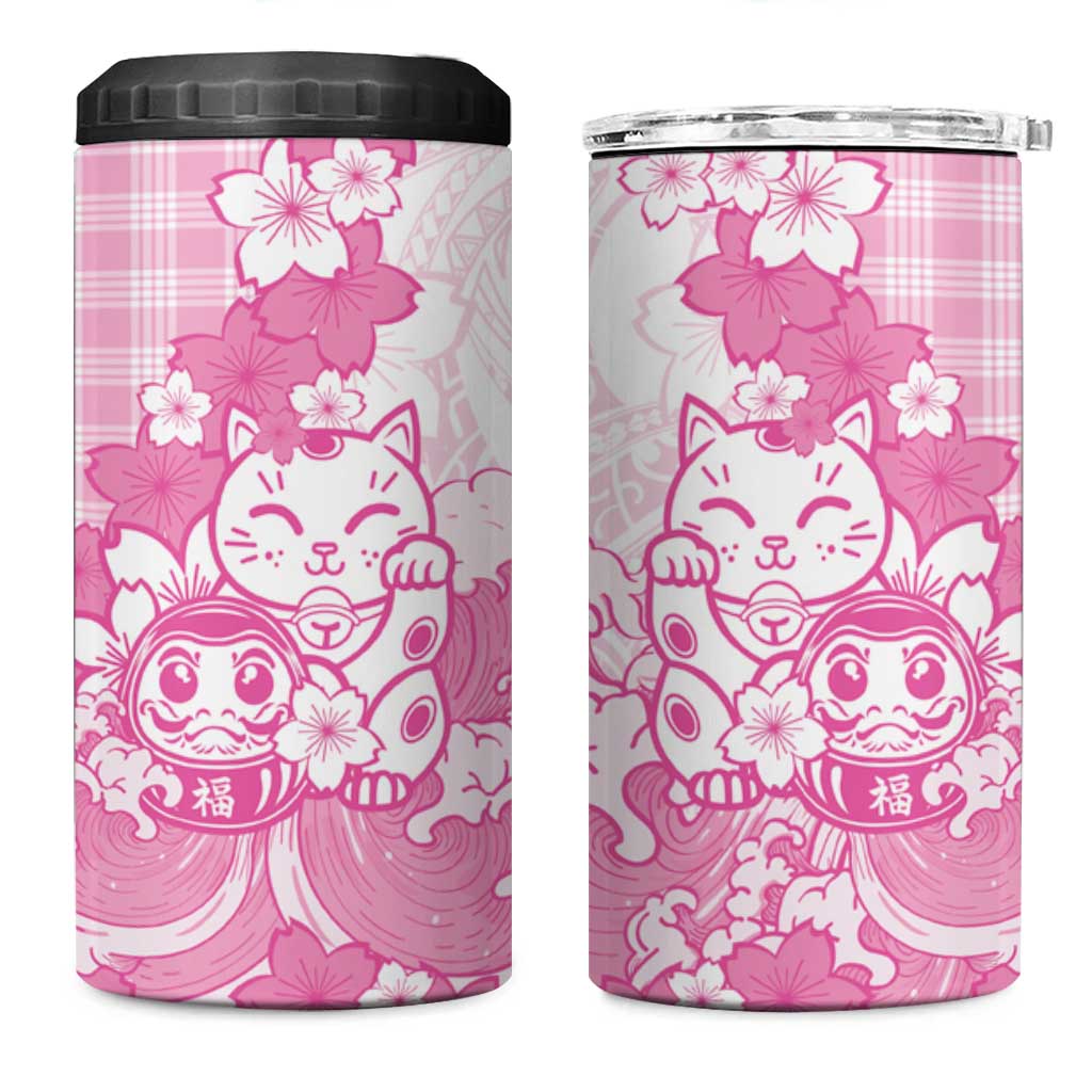 Pink Palaka Hawaiian And Japanese 4 in 1 Can Cooler Tumbler Maneki Neko And Sakura Bloom