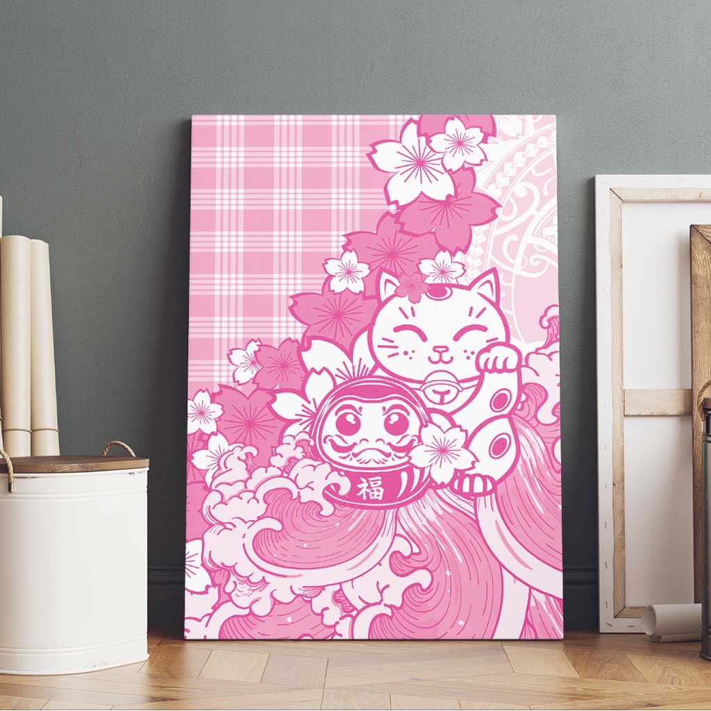 Pink Palaka Hawaiian And Japanese Canvas Wall Art Maneki Neko And Sakura Bloom