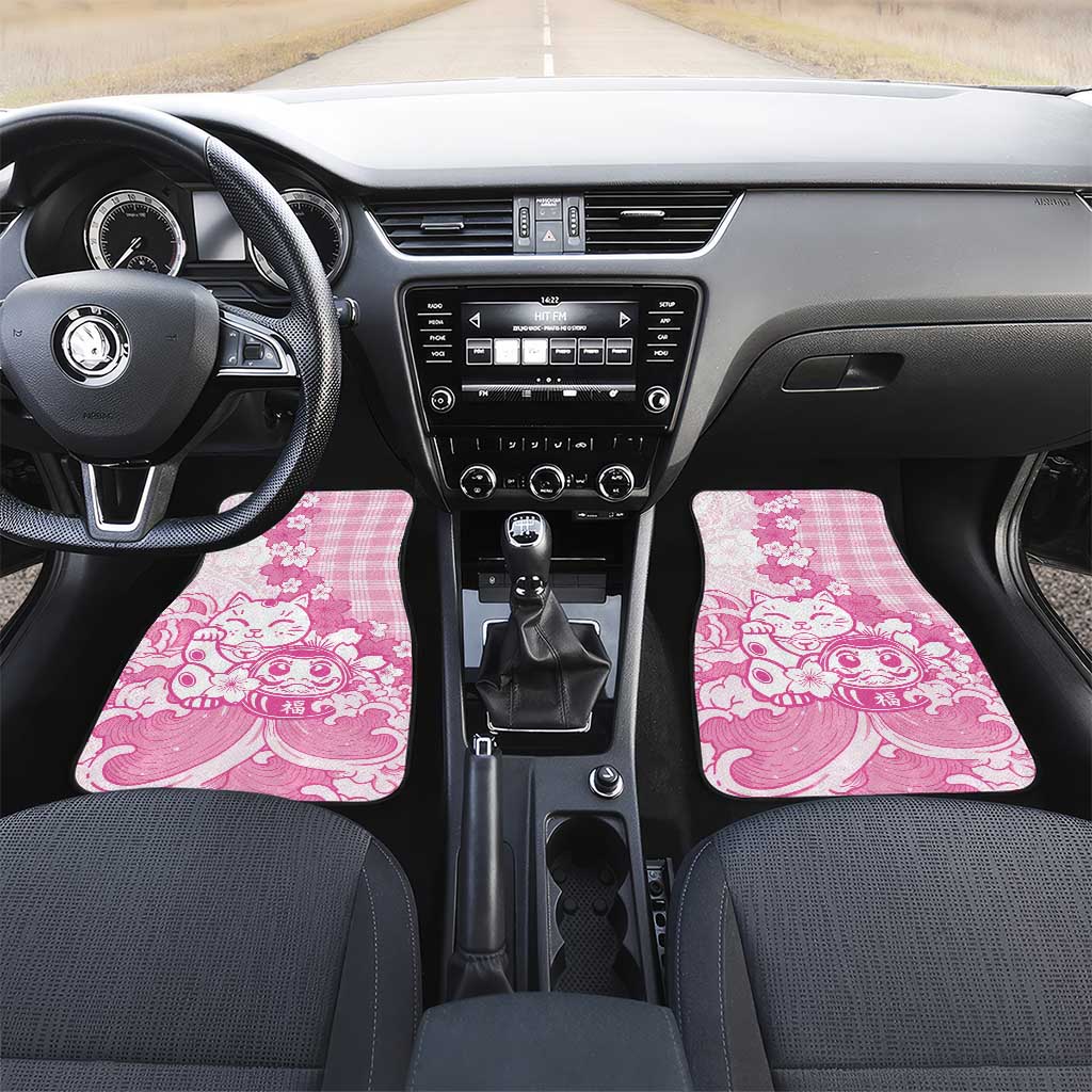 Pink Palaka Hawaiian And Japanese Car Mats Maneki Neko And Sakura Bloom DT05 Set 2pcs - Front Pink - Polynesian Pride