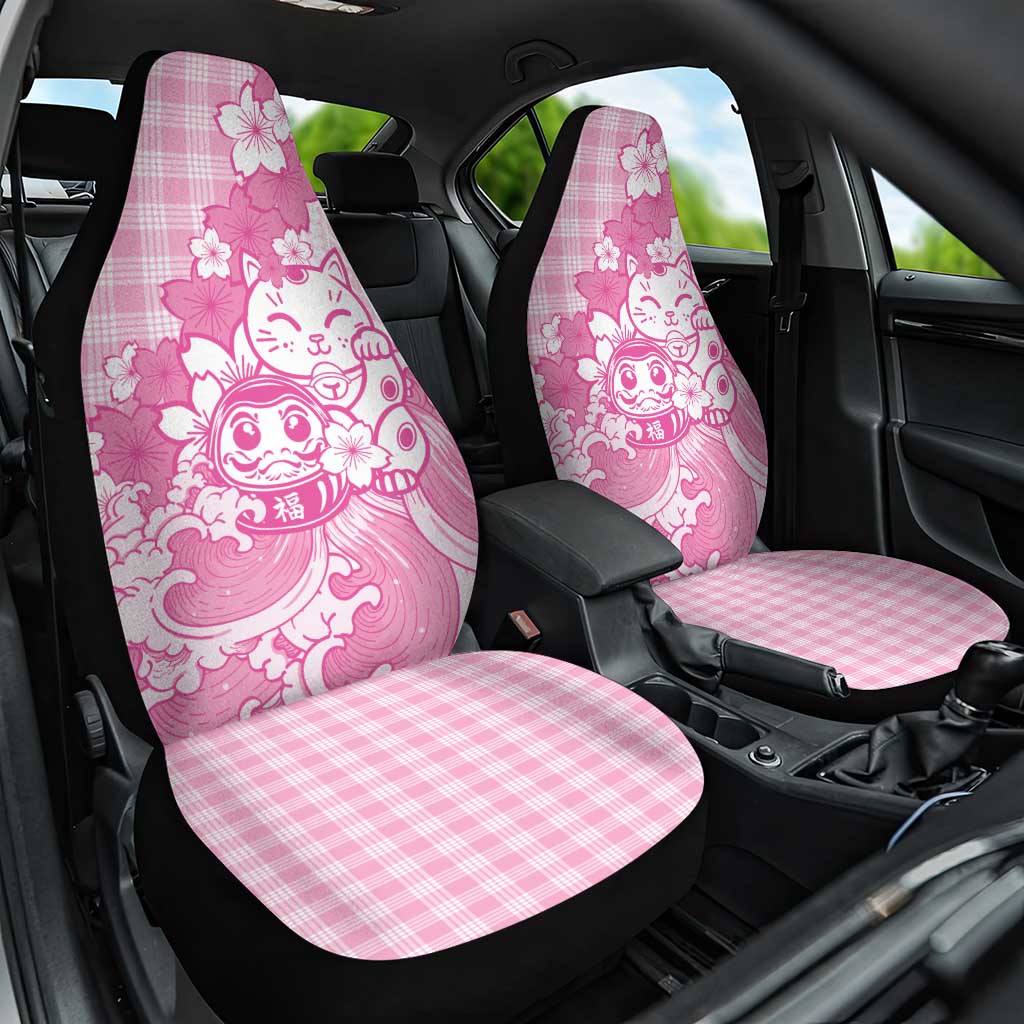 Pink Palaka Hawaiian And Japanese Car Seat Cover Maneki Neko And Sakura Bloom