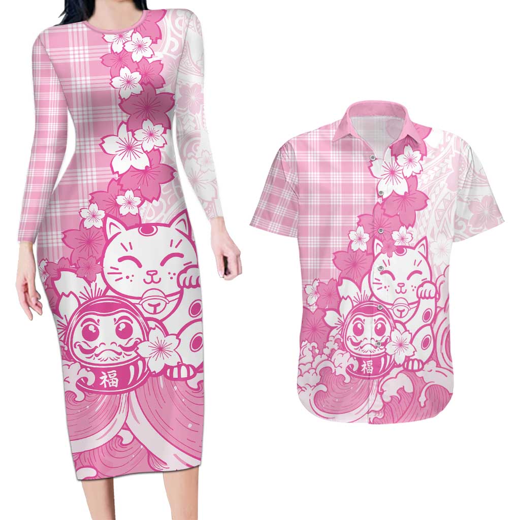 Pink Palaka Hawaiian And Japanese Couples Matching Long Sleeve Bodycon Dress and Hawaiian Shirt Maneki Neko And Sakura Bloom