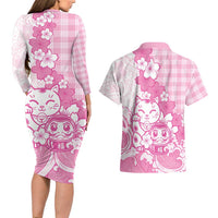 Pink Palaka Hawaiian And Japanese Couples Matching Long Sleeve Bodycon Dress and Hawaiian Shirt Maneki Neko And Sakura Bloom
