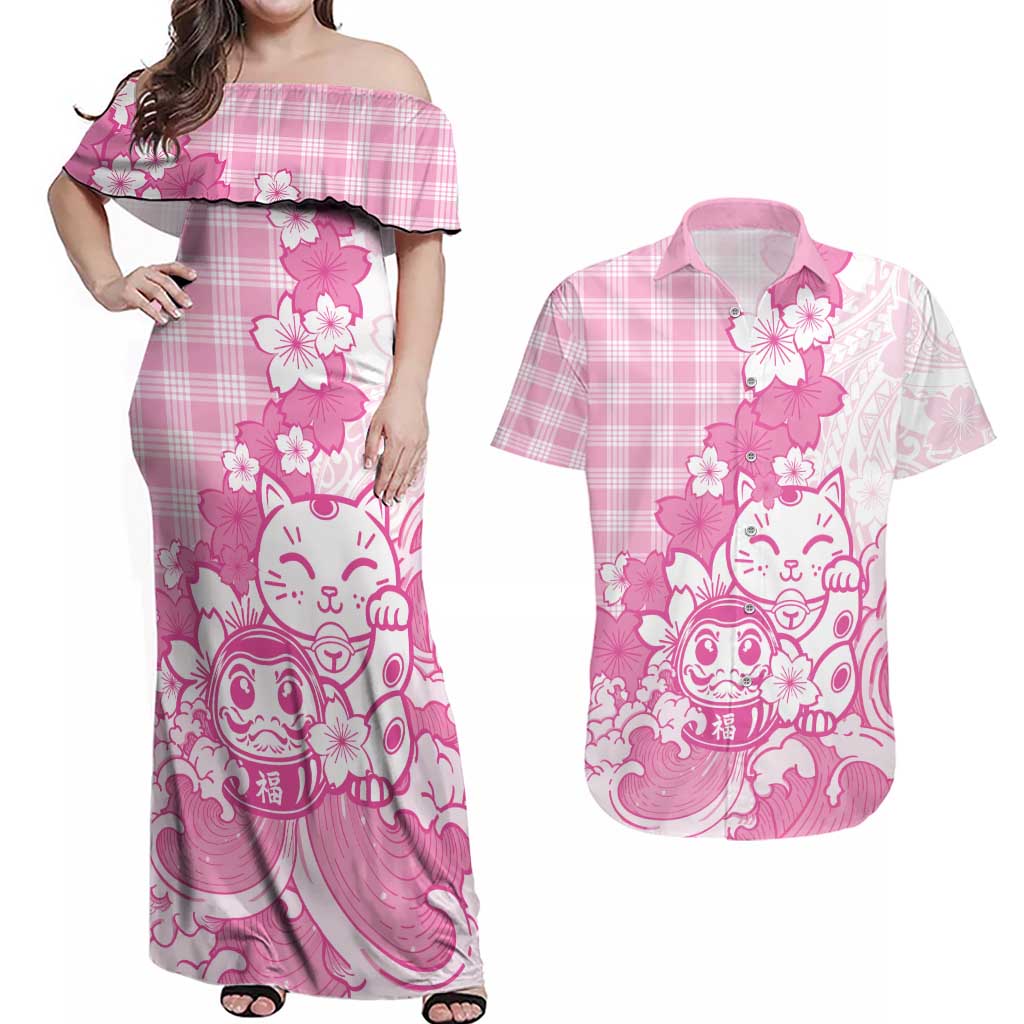 Pink Palaka Hawaiian And Japanese Couples Matching Off Shoulder Maxi Dress and Hawaiian Shirt Maneki Neko And Sakura Bloom