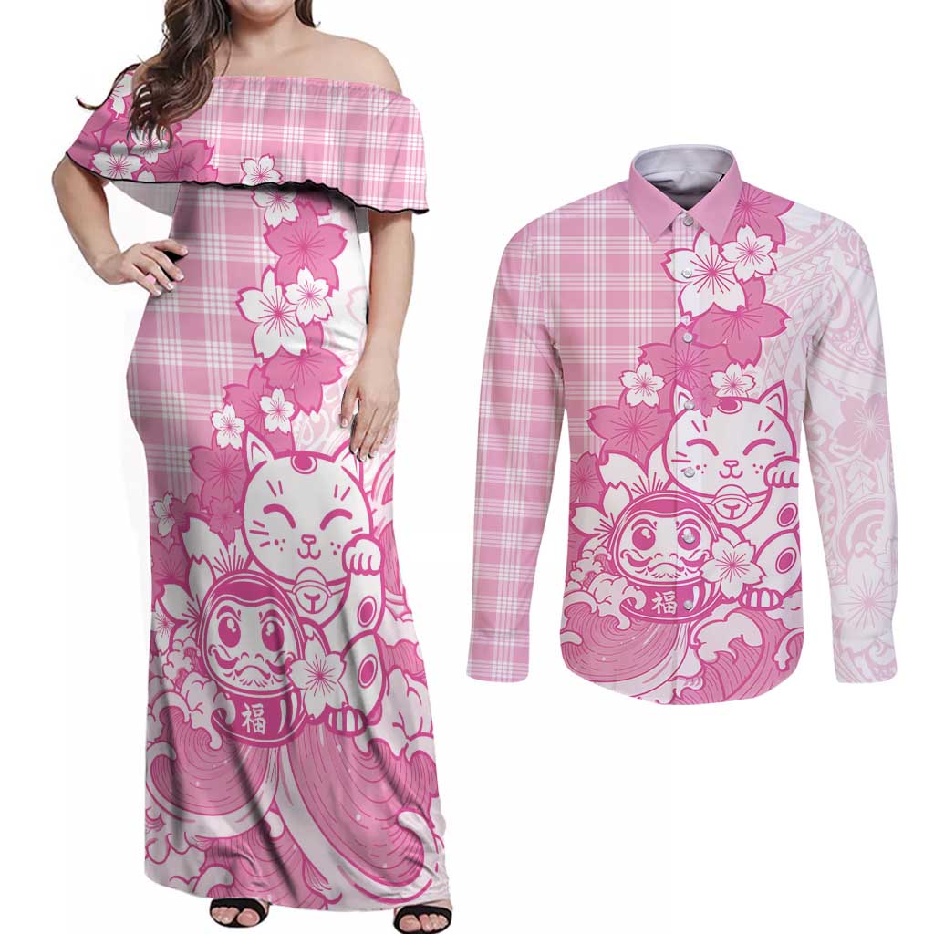 Pink Palaka Hawaiian And Japanese Couples Matching Off Shoulder Maxi Dress and Long Sleeve Button Shirt Maneki Neko And Sakura Bloom
