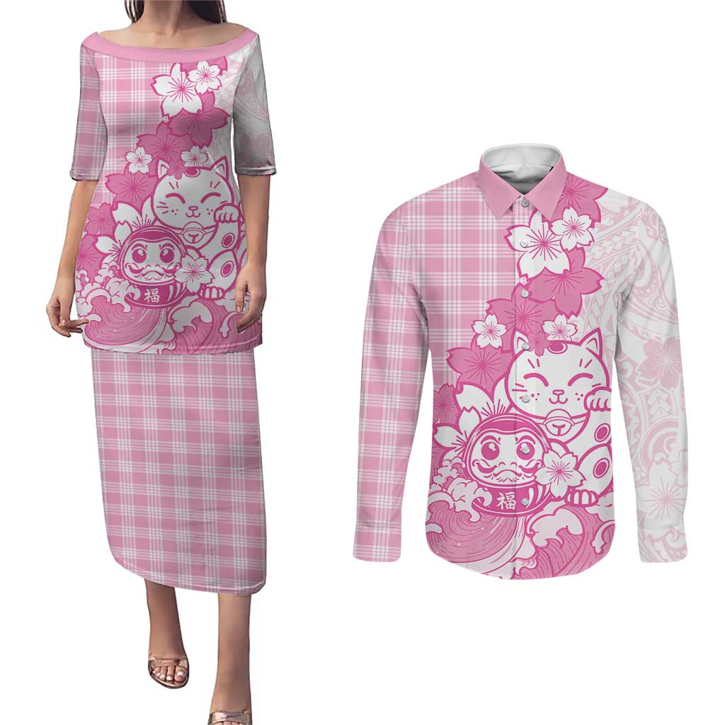 Pink Palaka Hawaiian And Japanese Couples Matching Puletasi and Long Sleeve Button Shirt Maneki Neko And Sakura Bloom