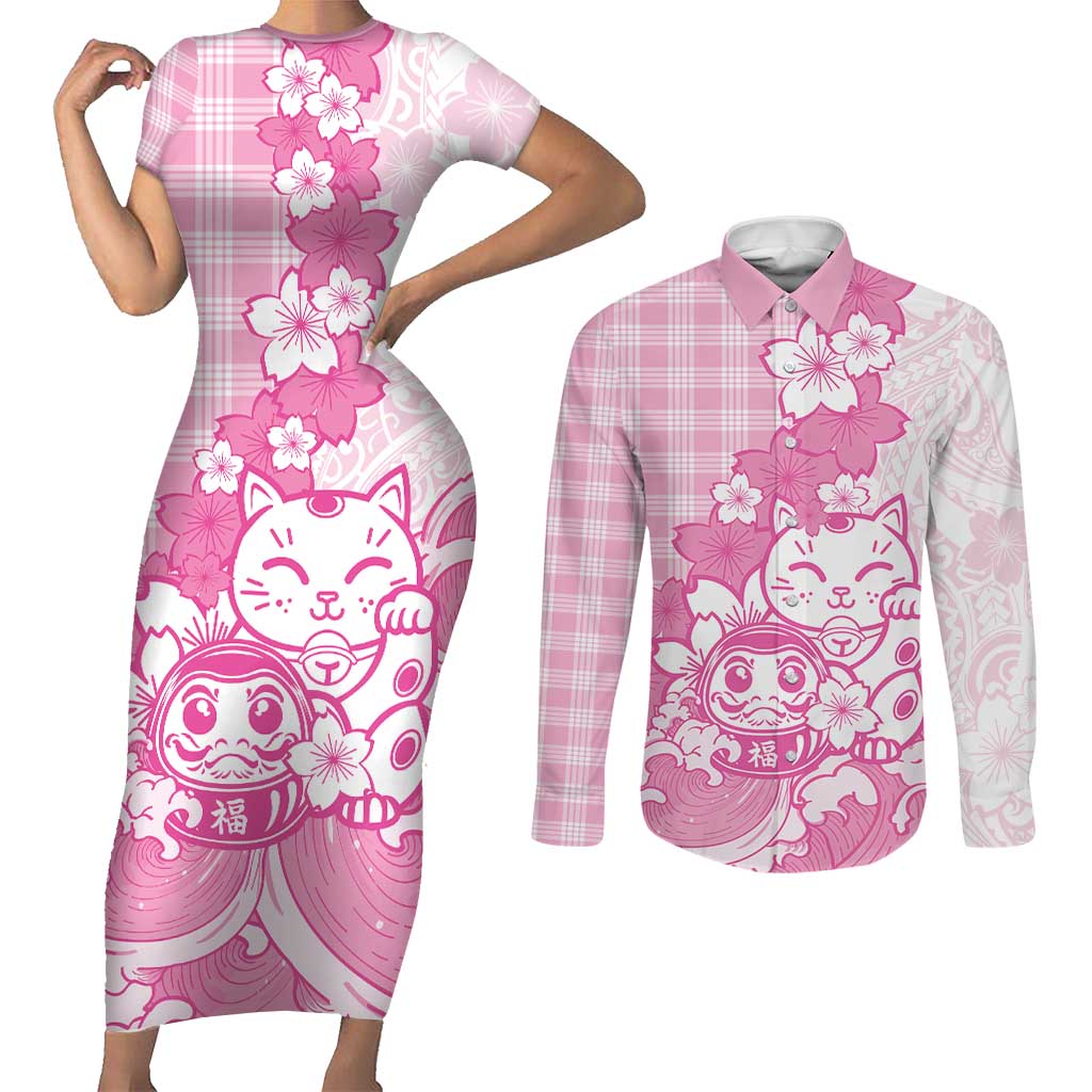 Pink Palaka Hawaiian And Japanese Couples Matching Short Sleeve Bodycon Dress and Long Sleeve Button Shirt Maneki Neko And Sakura Bloom