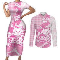 Pink Palaka Hawaiian And Japanese Couples Matching Short Sleeve Bodycon Dress and Long Sleeve Button Shirt Maneki Neko And Sakura Bloom