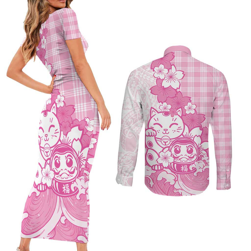 Pink Palaka Hawaiian And Japanese Couples Matching Short Sleeve Bodycon Dress and Long Sleeve Button Shirt Maneki Neko And Sakura Bloom