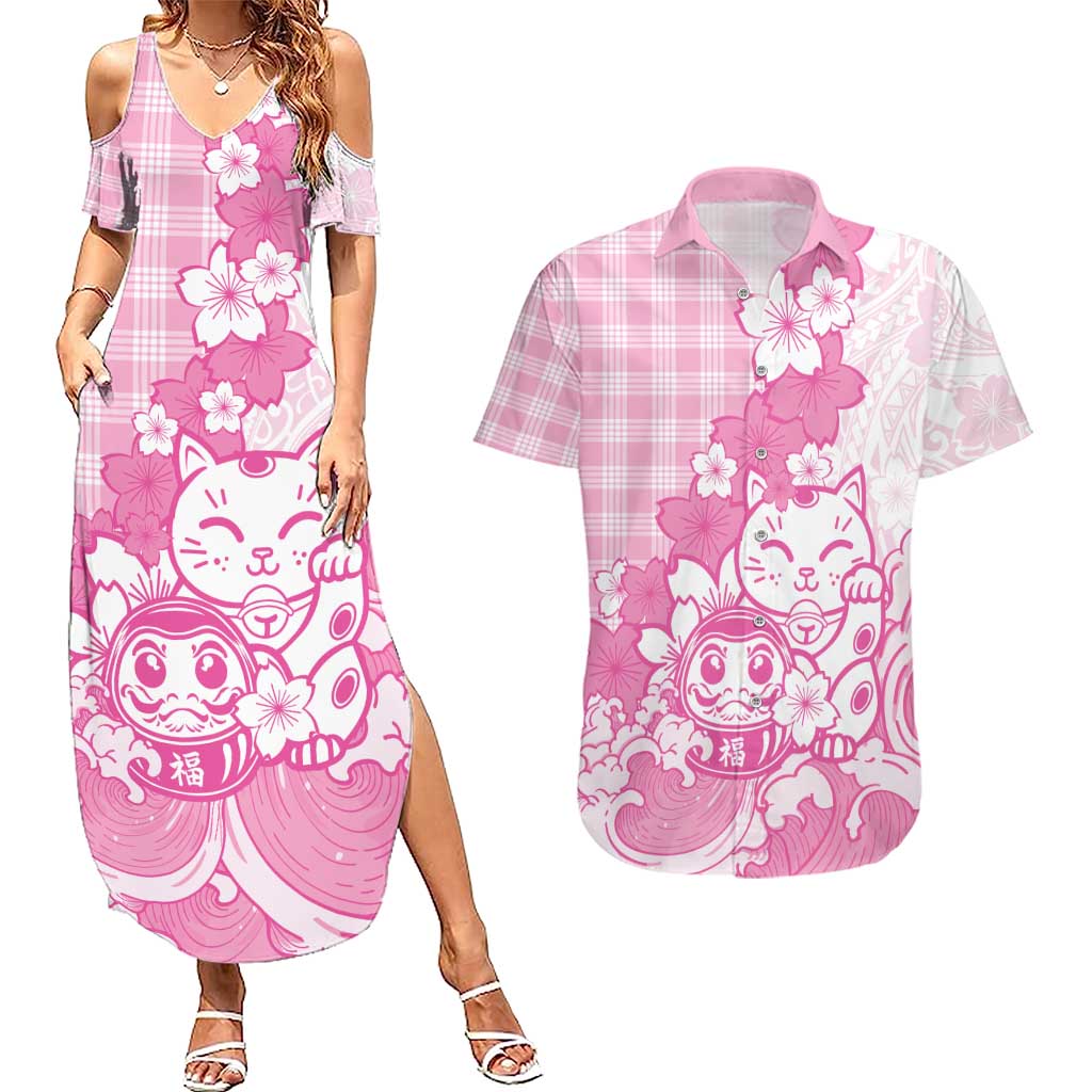 Pink Palaka Hawaiian And Japanese Couples Matching Summer Maxi Dress and Hawaiian Shirt Maneki Neko And Sakura Bloom
