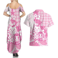 Pink Palaka Hawaiian And Japanese Couples Matching Summer Maxi Dress and Hawaiian Shirt Maneki Neko And Sakura Bloom