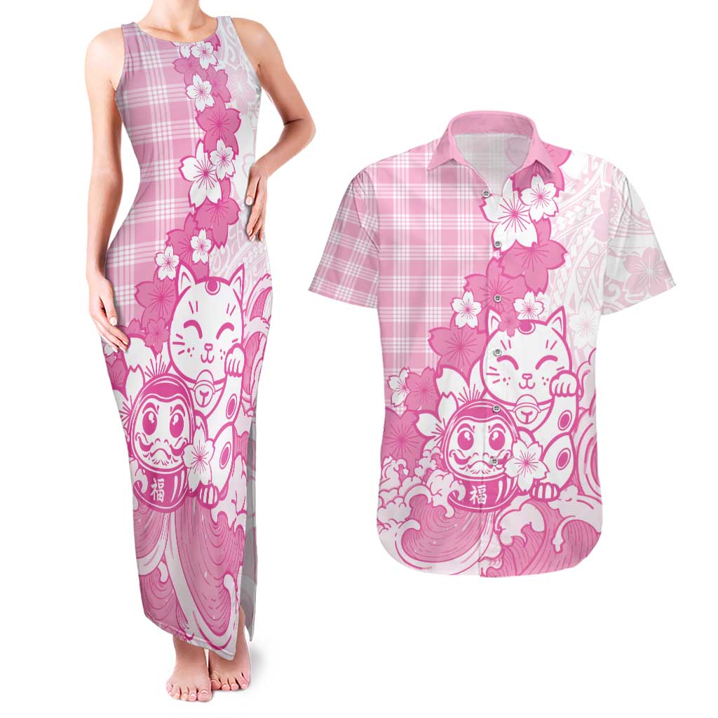 Pink Palaka Hawaiian And Japanese Couples Matching Tank Maxi Dress and Hawaiian Shirt Maneki Neko And Sakura Bloom