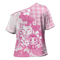 Pink Palaka Hawaiian And Japanese Cross Shoulder Shirt Maneki Neko And Sakura Bloom