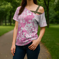 Pink Palaka Hawaiian And Japanese Cross Shoulder Shirt Maneki Neko And Sakura Bloom