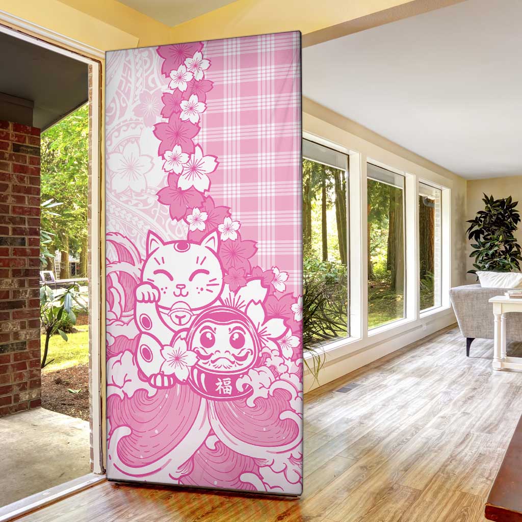 Pink Palaka Hawaiian And Japanese Door Cover Maneki Neko And Sakura Bloom