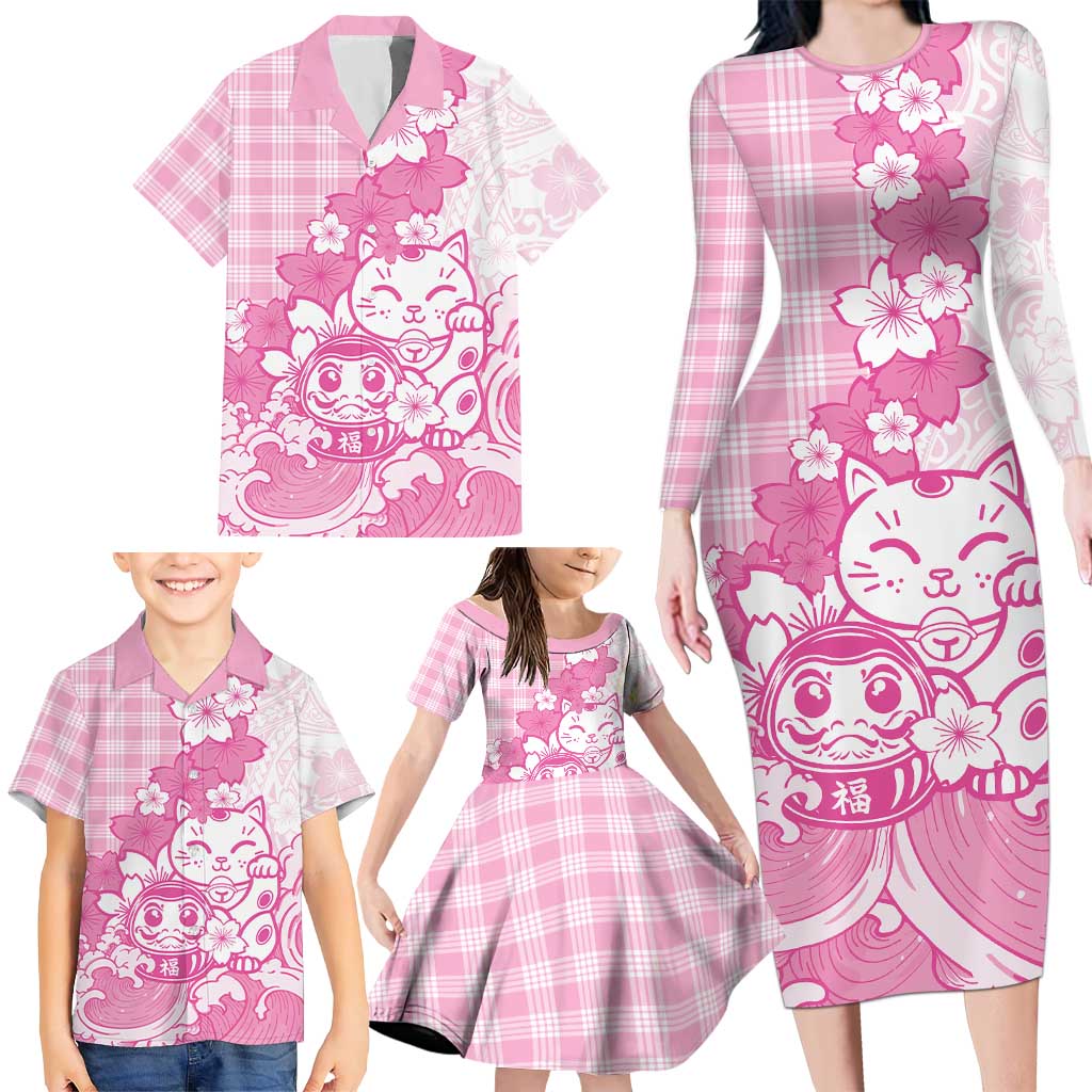 Pink Palaka Hawaiian And Japanese Family Matching Long Sleeve Bodycon Dress and Hawaiian Shirt Maneki Neko And Sakura Bloom