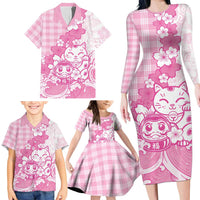 Pink Palaka Hawaiian And Japanese Family Matching Long Sleeve Bodycon Dress and Hawaiian Shirt Maneki Neko And Sakura Bloom