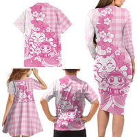 Pink Palaka Hawaiian And Japanese Family Matching Long Sleeve Bodycon Dress and Hawaiian Shirt Maneki Neko And Sakura Bloom