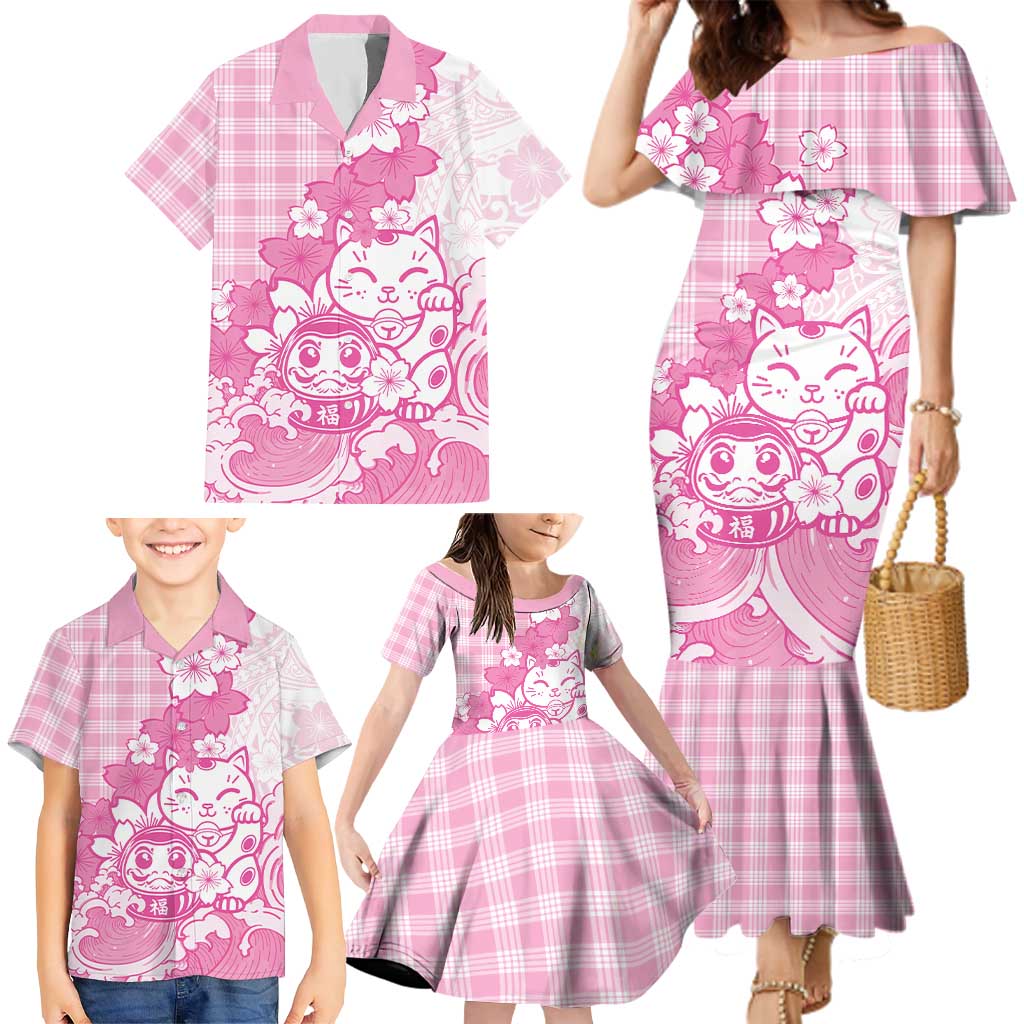 Pink Palaka Hawaiian And Japanese Family Matching Mermaid Dress and Hawaiian Shirt Maneki Neko And Sakura Bloom