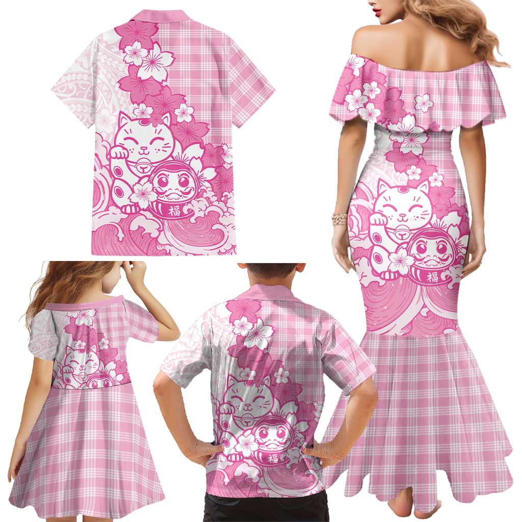 Pink Palaka Hawaiian And Japanese Family Matching Mermaid Dress and Hawaiian Shirt Maneki Neko And Sakura Bloom