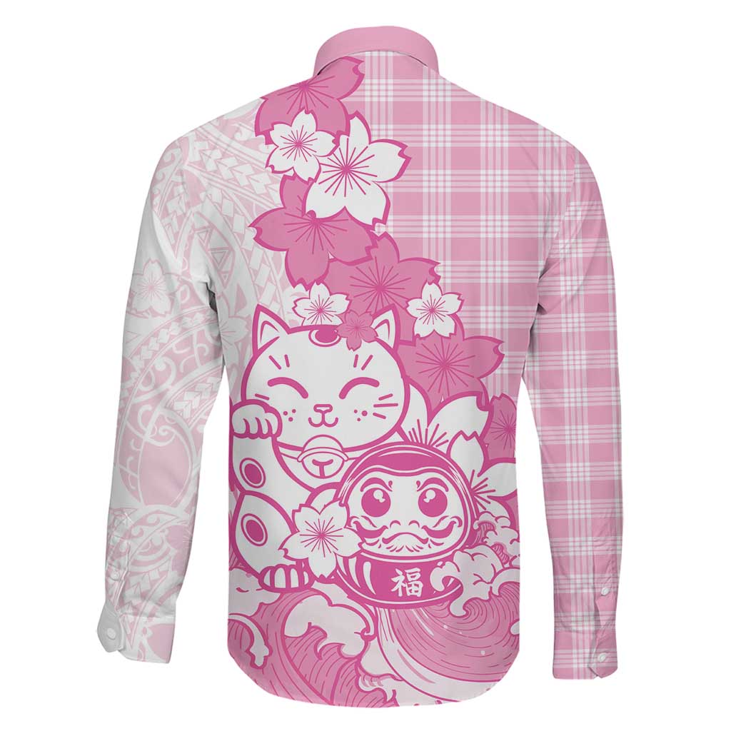 Pink Palaka Hawaiian And Japanese Family Matching Mermaid Dress and Hawaiian Shirt Maneki Neko And Sakura Bloom