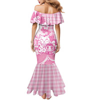 Pink Palaka Hawaiian And Japanese Family Matching Mermaid Dress and Hawaiian Shirt Maneki Neko And Sakura Bloom