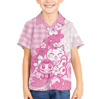 Pink Palaka Hawaiian And Japanese Family Matching Mermaid Dress and Hawaiian Shirt Maneki Neko And Sakura Bloom