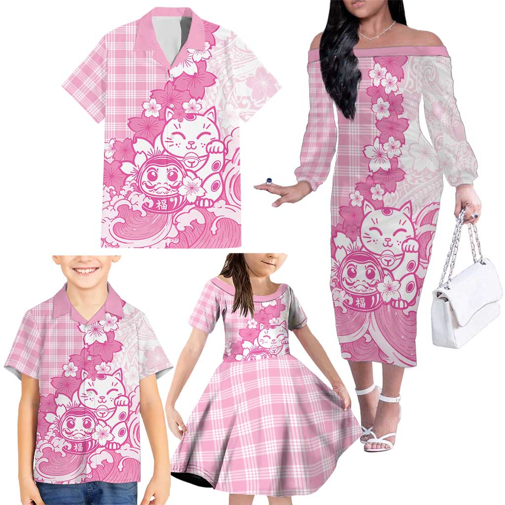 Pink Palaka Hawaiian And Japanese Family Matching Off The Shoulder Long Sleeve Dress and Hawaiian Shirt Maneki Neko And Sakura Bloom