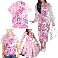 Pink Palaka Hawaiian And Japanese Family Matching Off The Shoulder Long Sleeve Dress and Hawaiian Shirt Maneki Neko And Sakura Bloom