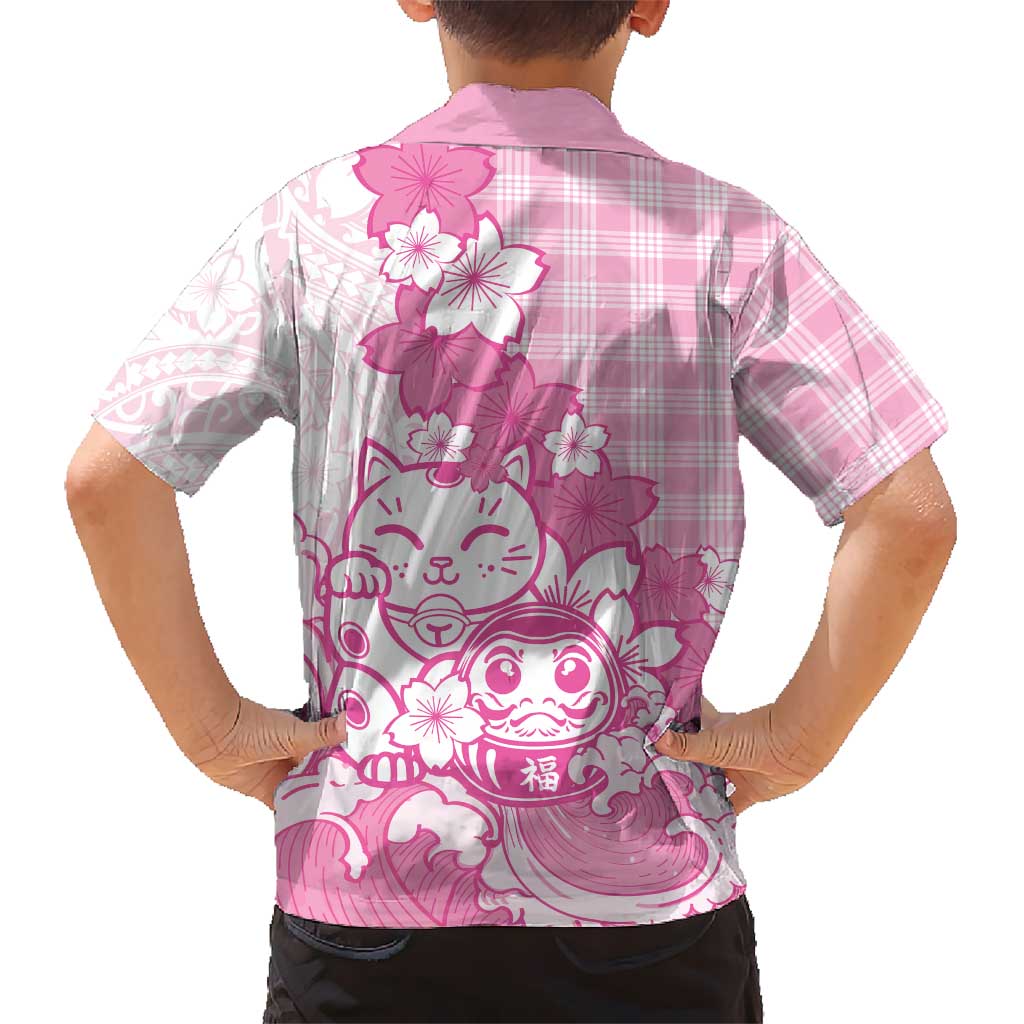 Pink Palaka Hawaiian And Japanese Family Matching Off Shoulder Short Dress and Hawaiian Shirt Maneki Neko And Sakura Bloom