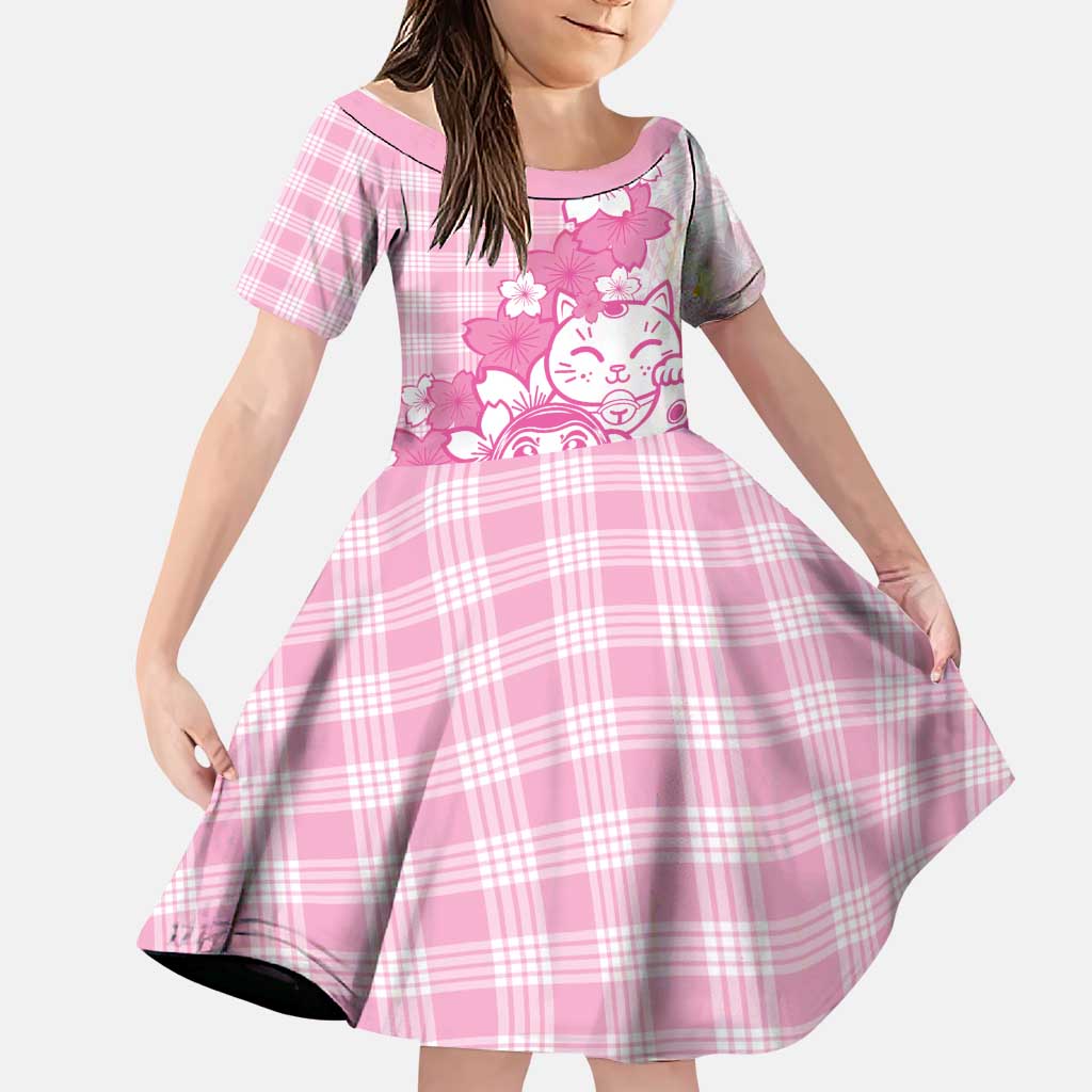 Pink Palaka Hawaiian And Japanese Family Matching Off Shoulder Short Dress and Hawaiian Shirt Maneki Neko And Sakura Bloom