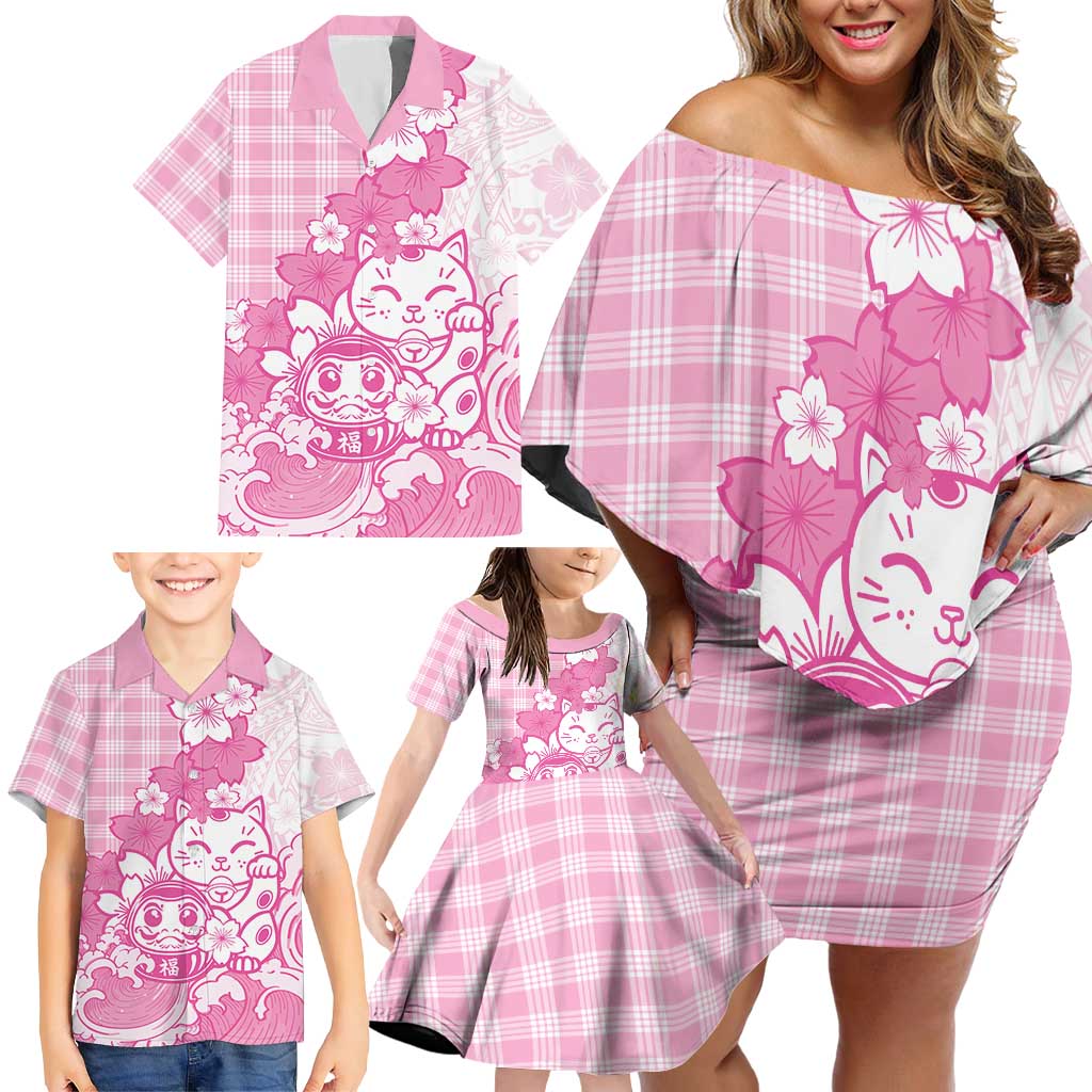 Pink Palaka Hawaiian And Japanese Family Matching Off Shoulder Short Dress and Hawaiian Shirt Maneki Neko And Sakura Bloom