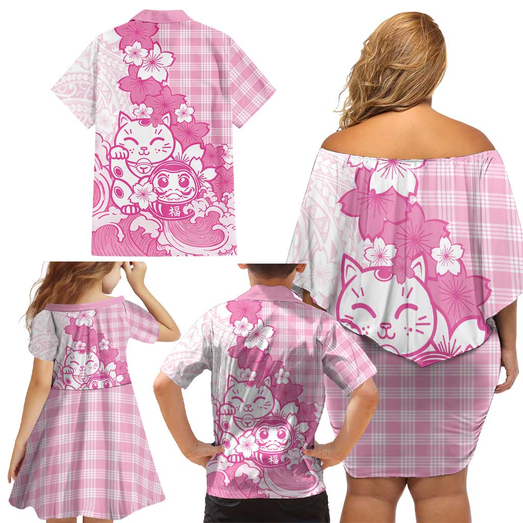 Pink Palaka Hawaiian And Japanese Family Matching Off Shoulder Short Dress and Hawaiian Shirt Maneki Neko And Sakura Bloom