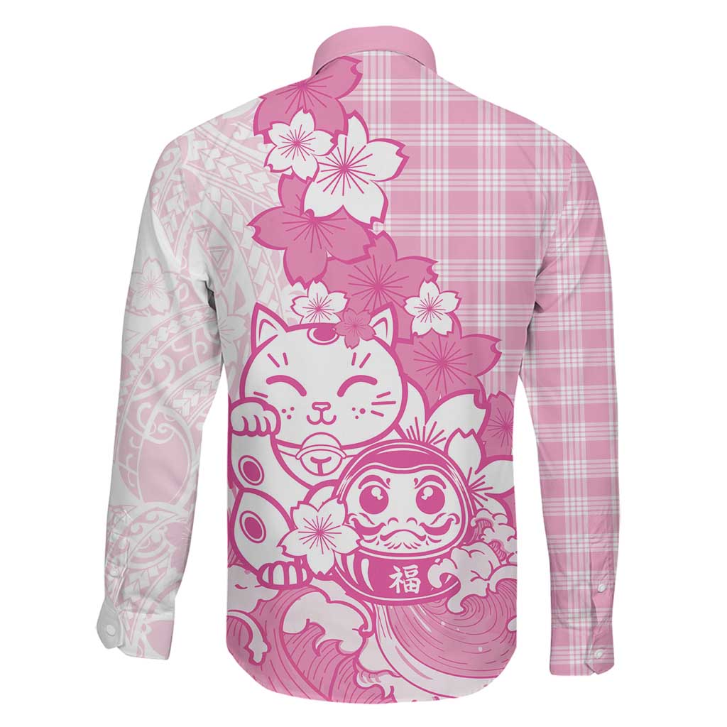 Pink Palaka Hawaiian And Japanese Family Matching Off Shoulder Short Dress and Hawaiian Shirt Maneki Neko And Sakura Bloom