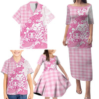 Pink Palaka Hawaiian And Japanese Family Matching Puletasi and Hawaiian Shirt Maneki Neko And Sakura Bloom
