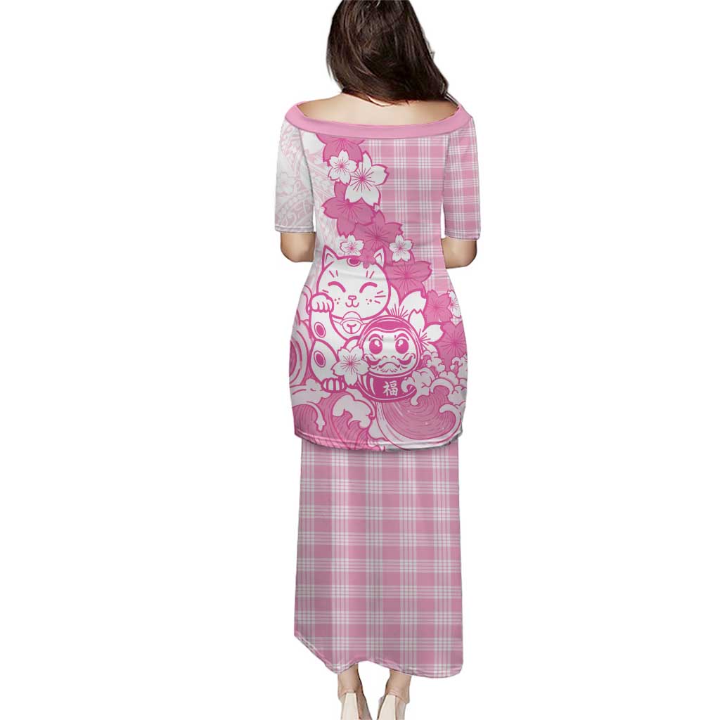 Pink Palaka Hawaiian And Japanese Family Matching Puletasi and Hawaiian Shirt Maneki Neko And Sakura Bloom
