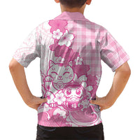 Pink Palaka Hawaiian And Japanese Family Matching Short Sleeve Bodycon Dress and Hawaiian Shirt Maneki Neko And Sakura Bloom