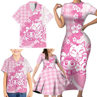 Pink Palaka Hawaiian And Japanese Family Matching Short Sleeve Bodycon Dress and Hawaiian Shirt Maneki Neko And Sakura Bloom