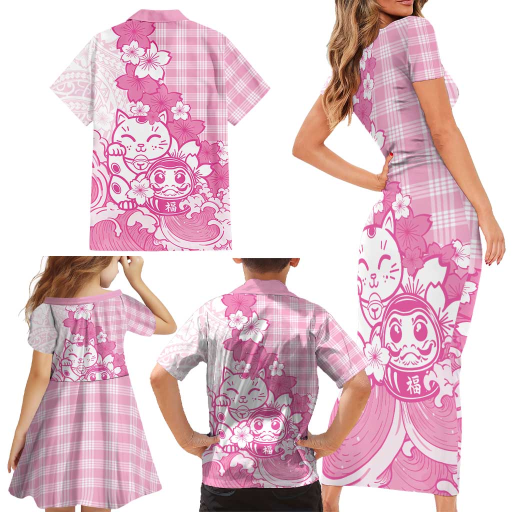 Pink Palaka Hawaiian And Japanese Family Matching Short Sleeve Bodycon Dress and Hawaiian Shirt Maneki Neko And Sakura Bloom