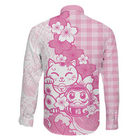 Pink Palaka Hawaiian And Japanese Family Matching Short Sleeve Bodycon Dress and Hawaiian Shirt Maneki Neko And Sakura Bloom