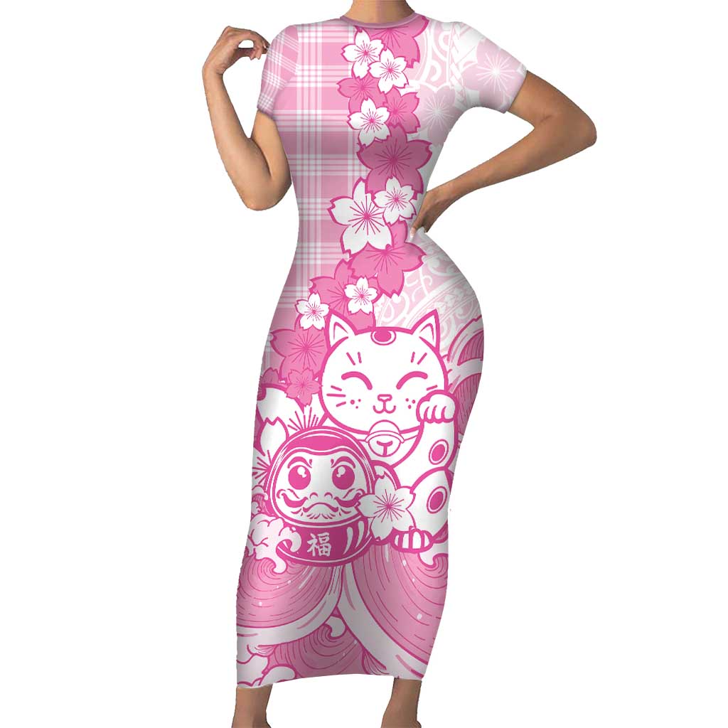 Pink Palaka Hawaiian And Japanese Family Matching Short Sleeve Bodycon Dress and Hawaiian Shirt Maneki Neko And Sakura Bloom