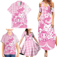 Pink Palaka Hawaiian And Japanese Family Matching Summer Maxi Dress and Hawaiian Shirt Maneki Neko And Sakura Bloom