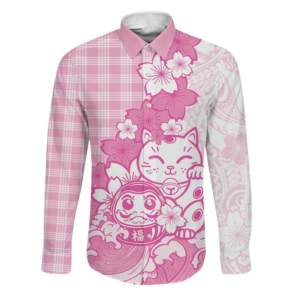 Pink Palaka Hawaiian And Japanese Family Matching Summer Maxi Dress and Hawaiian Shirt Maneki Neko And Sakura Bloom
