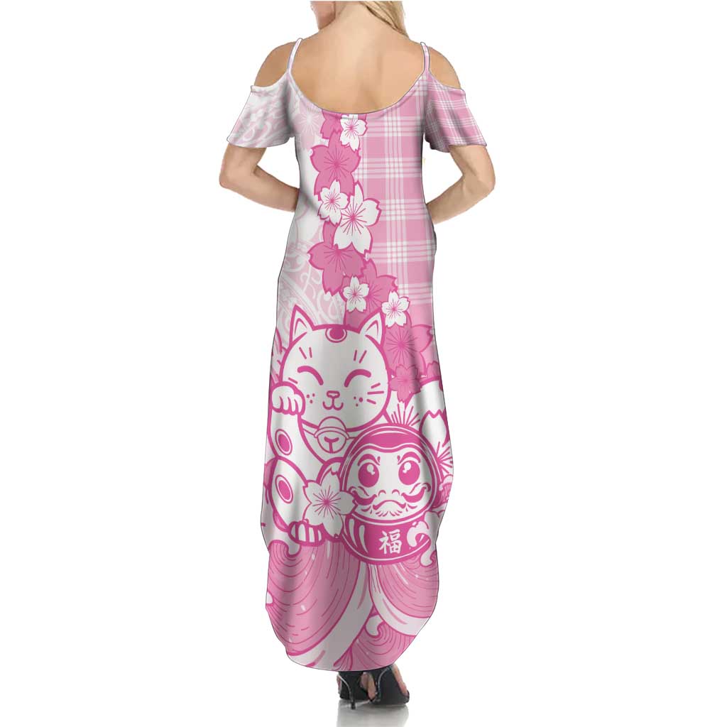 Pink Palaka Hawaiian And Japanese Family Matching Summer Maxi Dress and Hawaiian Shirt Maneki Neko And Sakura Bloom