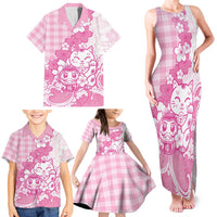 Pink Palaka Hawaiian And Japanese Family Matching Tank Maxi Dress and Hawaiian Shirt Maneki Neko And Sakura Bloom