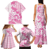 Pink Palaka Hawaiian And Japanese Family Matching Tank Maxi Dress and Hawaiian Shirt Maneki Neko And Sakura Bloom