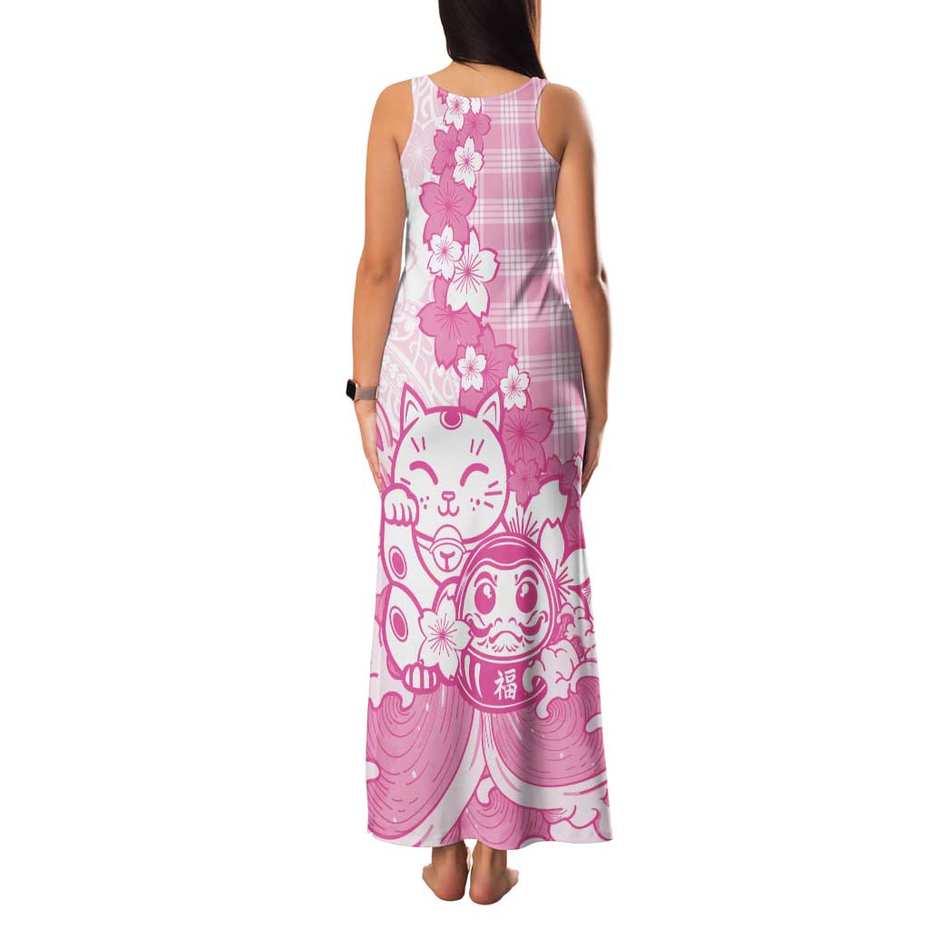 Pink Palaka Hawaiian And Japanese Family Matching Tank Maxi Dress and Hawaiian Shirt Maneki Neko And Sakura Bloom