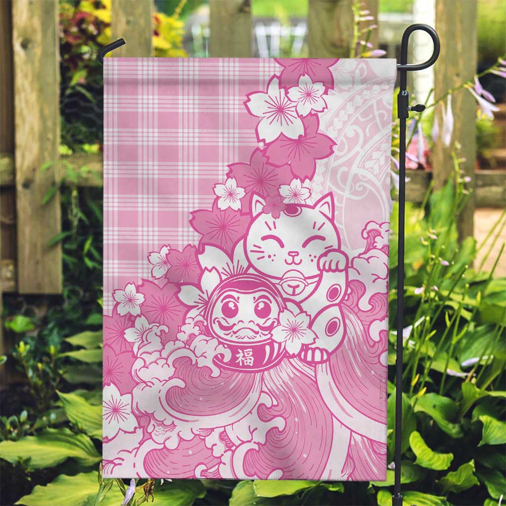 Pink Palaka Hawaiian And Japanese Garden Flag Maneki Neko And Sakura Bloom