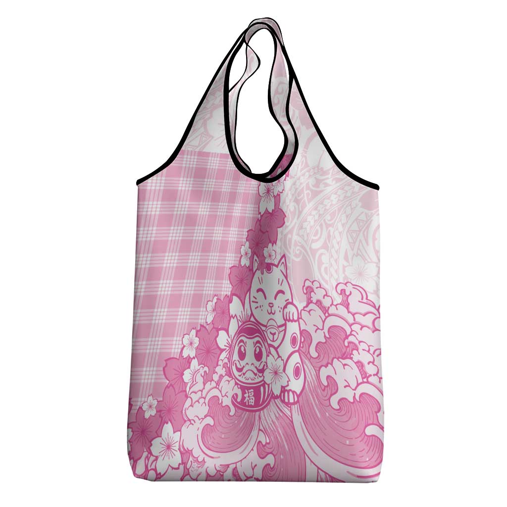 Pink Palaka Hawaiian And Japanese Grocery Bag Maneki Neko And Sakura Bloom