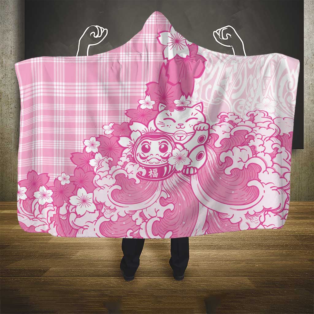 Pink Palaka Hawaiian And Japanese Hooded Blanket Maneki Neko And Sakura Bloom