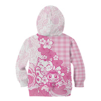 Pink Palaka Hawaiian And Japanese Kid Hoodie Maneki Neko And Sakura Bloom